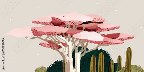 A captivating illustration of a vibrant, abstract tree featuring a unique architectural structure, nestled amidst a lush landscape and subtle artistic elements.