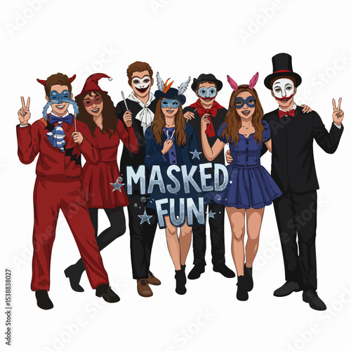 Unveiling the Mystery: A vibrant group of friends, masked and costumed, joyfully celebrate an event. Capturing a spectrum of enigmatic masks and costumes.