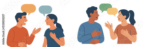 Two groups of people engaging in friendly conversation in a casual setting with speech bubbles illustrating dialogue