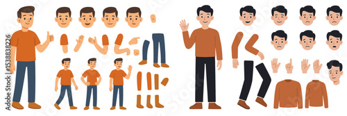 Character design sheet featuring multiple poses, expressions, and body parts for an animated male character