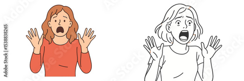 Women showing expressions of shock and fear in illustrated styles with hands raised in surprise