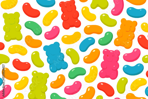 Colorful gummy candies in various shapes arranged on a white background for a delightful sweet treat