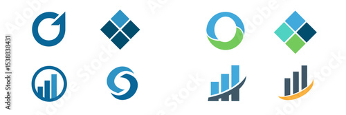Modern design showcasing various logo concepts in blue, green, and black colors displayed in a grid layout