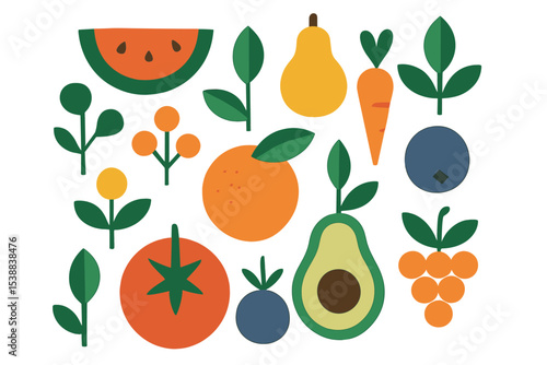 Colorful illustration of various fruits and vegetables with leaves arranged creatively for a fresh and vibrant look