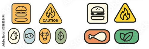 Various food safety and dietary icons for menu design and health communication in a modern setting