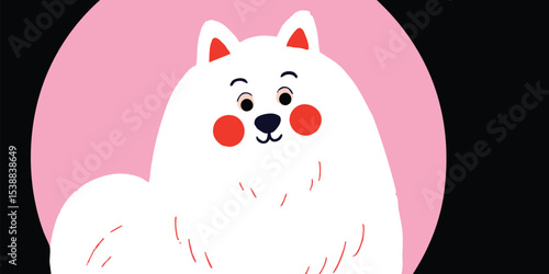 An endearing illustration of a fluffy white dog with rosy cheeks, set against a pastel pink circle, radiating a sense of warmth and affection.
