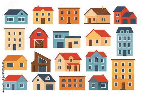 Collection of colorful house illustrations showing different architectural styles in a vibrant neighborhood