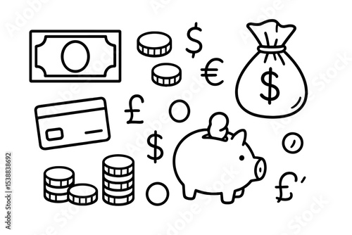 Financial concepts illustrated with money symbols, coins, and a piggy bank in a simple design