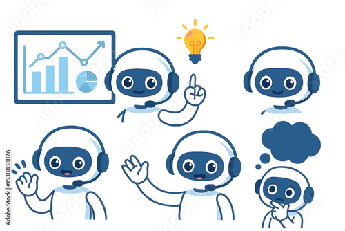 Robot characters engaging in various activities related to communication and idea generation