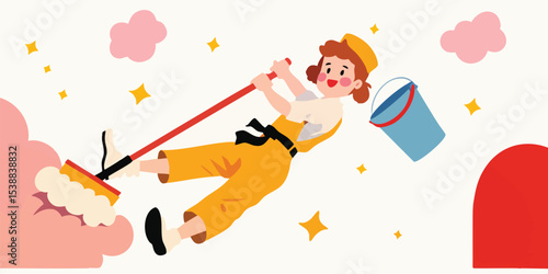 Happy cleaning lady soaring through the air with mop and bucket, vibrant illustration.