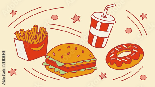 A vibrant vector set of diverse fast food icons, featuring hamburgers, pizza, hotdogs, fries, and drinks, perfect for menus and restaurant illustrations