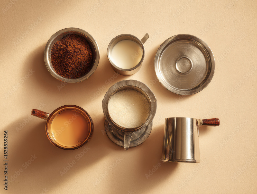 Fototapeta premium Authentic South Indian Filter Coffee Essentials on Flat Surface