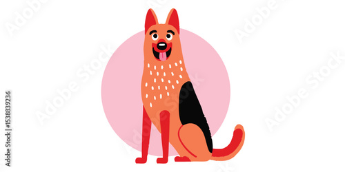 A charming illustration of a German shepherd dog with a cheerful demeanor, depicted in a flat graphic style.