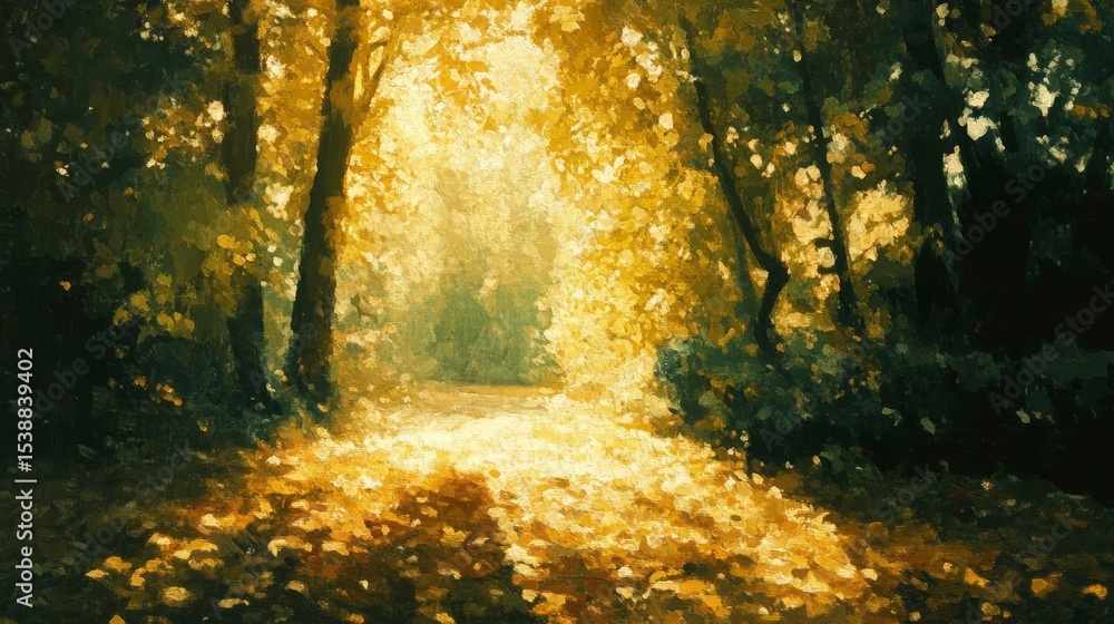 Obraz premium Forest path with sunlight shining through trees creating a bright and warm atmosphere.