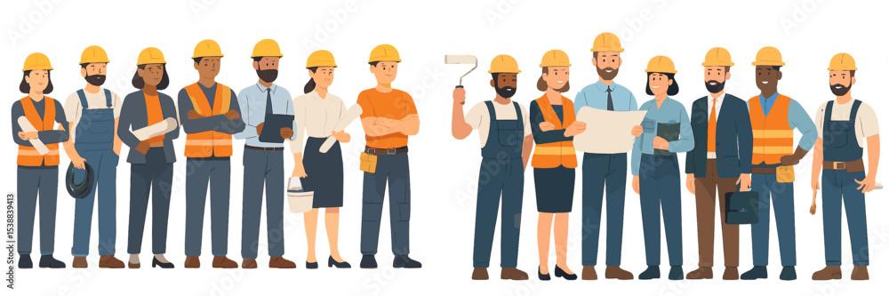 Diverse construction team collaborating on a project at a job site in the city during daylight hours Diverse construction team collaborating on a project at a job site in the city during daylight hours