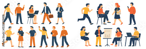 Group of professionals engaged in various activities in a modern office environment during daytime hours