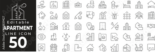 Modern apartment building linear icons. Includes city flats, real estate, high-rise living, home rentals, and property symbols. Editable stroke.