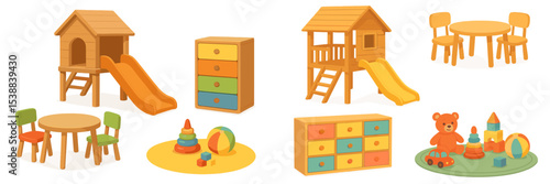 Colorful wooden playroom furniture sets for children's engagement and creativity during playtime activities