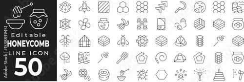 Beehive and honeycomb structure icons. Featuring hexagon patterns, bee elements, organic honey symbols, and natural structure. Editable stroke.