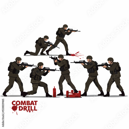 Combat Drill: An illustration of soldiers executing a combat drill, capturing dynamic action and strategic maneuvers with precision.