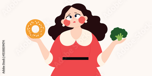 Woman facing a difficult decision: donut or broccoli? This illustration captures the internal struggle between indulgence and healthy eating.