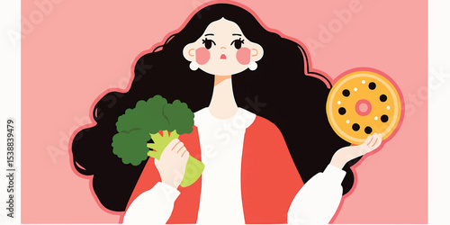 A woman delicately holds a sprig of broccoli and a tempting dessert, representing a balance between healthful eating and indulgence, a choice between vibrant freshness and sugary temptation.