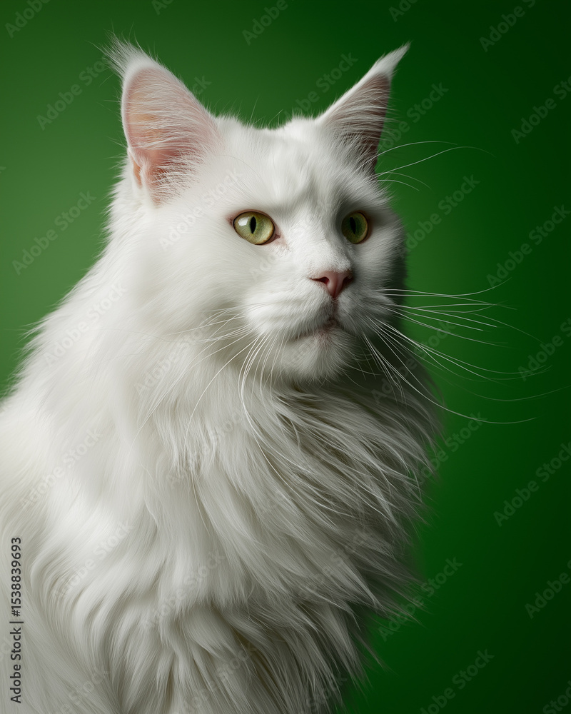 front view of White Maincoon cat on green background front view of White Maincoon cat on green background