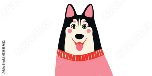 Happy husky dog wearing a pink sweater.