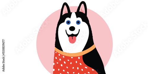 A cheerful cartoon husky dog with a pink background, exuding playful spirit, The illustration captures the essence of canine happiness and friendship.