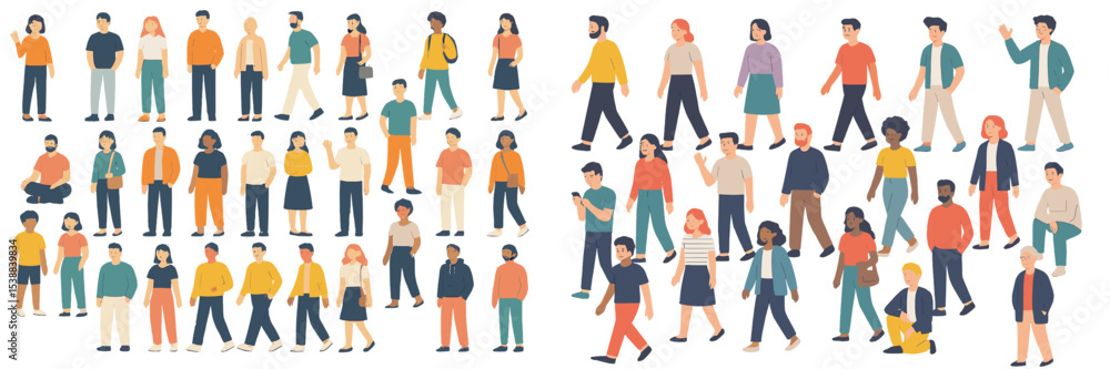 Fototapeta premium Diverse group of people walking in various outfits during a sunny day in a vibrant urban environment