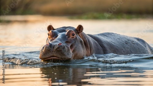 Close-up of hippopotamus swimming in river at golden hour, with natural green background. Wild animal in its habitat, captured in warm evening light. Wildlife nature photography
