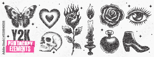 Variety of Y2K-inspired graphic elements including nature, love symbols, and objects in a nostalgic style