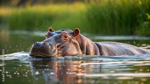 Close-up of hippopotamus swimming in river at golden hour, with natural green background. Wild animal in its habitat, captured in warm evening light. Wildlife nature photography