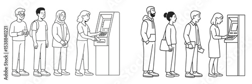 People standing in line at an automated banking kiosk in an urban setting during the day