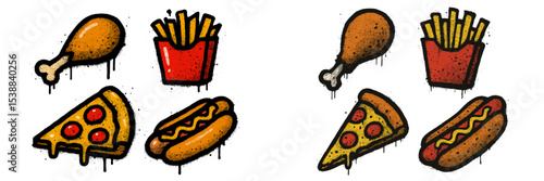 Colorful illustrations of fast food items featuring chicken, pizza, fries, and hot dogs on a white background