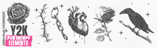 Unique Y2K inspired graphic elements featuring roses, a heart, a chain, and a crow in a monochromatic style