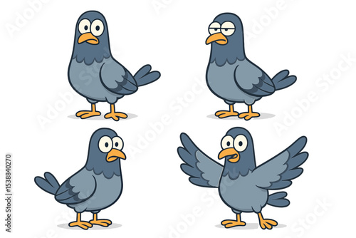 Various cartoon pigeons illustrating different poses and expressions on a plain background