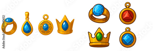 Variety of golden jewelry items featuring colorful gemstones in a vibrant design collection
