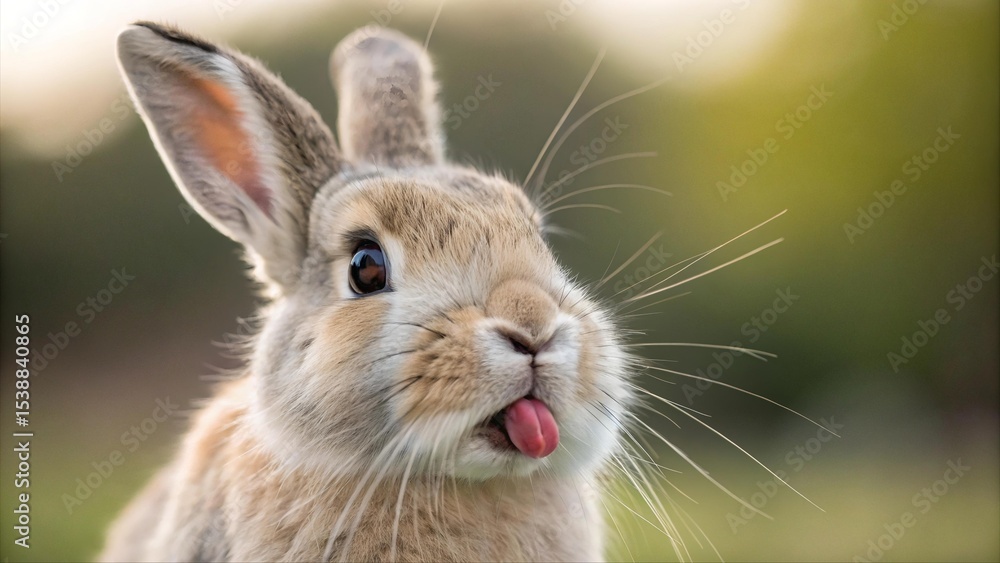 Obraz premium Funny close-up of cute rabbit sticking out tongue with blurred green background. Adorable bunny expression, perfect for animal humor, pet lovers, and springtime concepts.