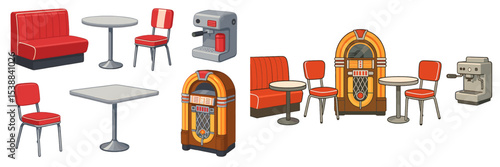 Retro diner furniture in vibrant red and chrome design, perfect for nostalgic eatery ambiance and classic dining setups