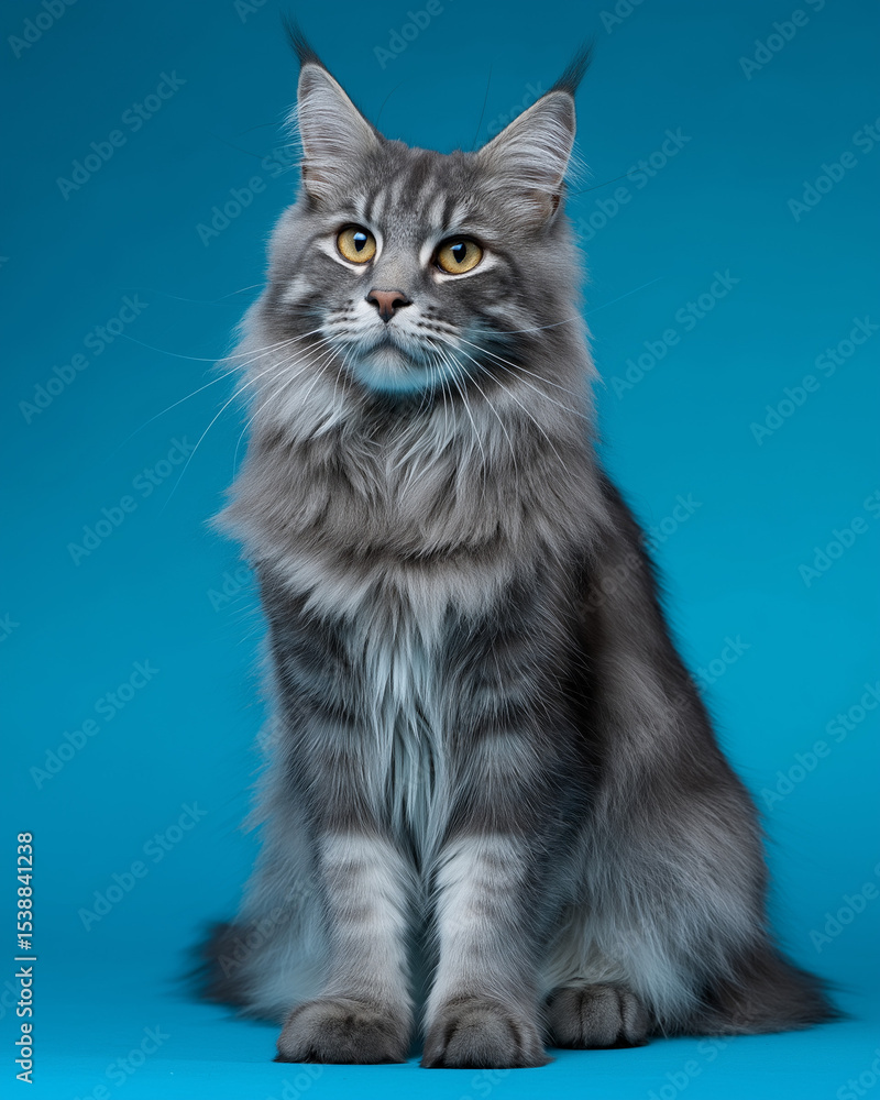 Obraz premium front view of full body gray Maincoon cat stand or sit on blue background