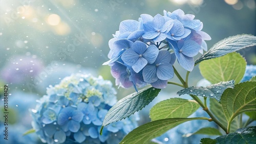 Watercolor illustration of blue hydrangea flower with green leaves on soft blue background. Botanical floral artwork perfect for greeting cards, wall art, or decorative design.