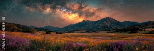 Stunning night view of mountains and wildflowers under the starry sky in a serene landscape setting