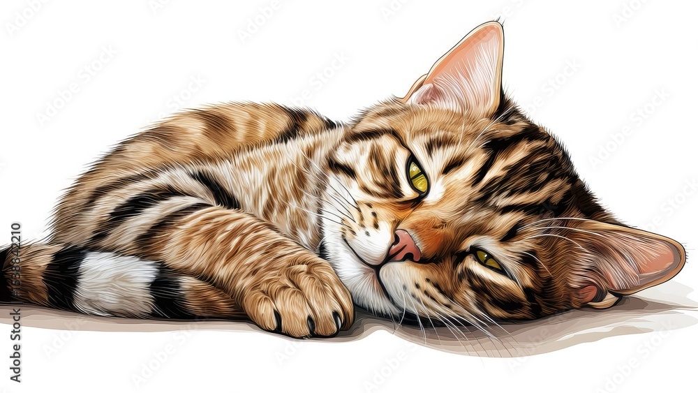 Obraz premium Adorable Illustrated Cat Relaxing on White Background Detailed Portrait of a Domestic Tabby Cat, Sleeping, Resting, and Contemplative with Warm Colors