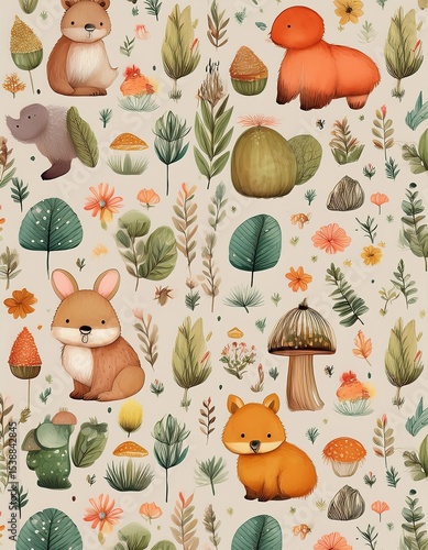 Adorable Watercolor Woodland Animal Pattern with Bunnies, Fox, Bear, Mushrooms, and Floral Elements on Beige Background - Cute Children's Design