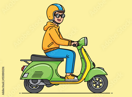  A cartoon illustration of a smiling person wearing a yellow hoodie blue pants a yellow and blue helmet and sunglasses riding a green and yellow scooter