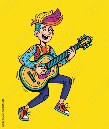 A vibrant cartoon illustration of a joyful person with colorful spiky hair playing an acoustic guitar and wearing a patterned long-sleeved shirt and blue pants.