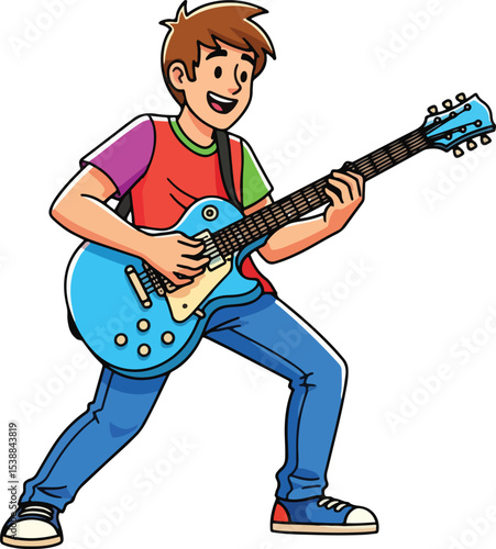 A cartoon illustration of a happy person with brown hair wearing a multi-colored shirt and blue jeans playing a light blue electric guitar..
