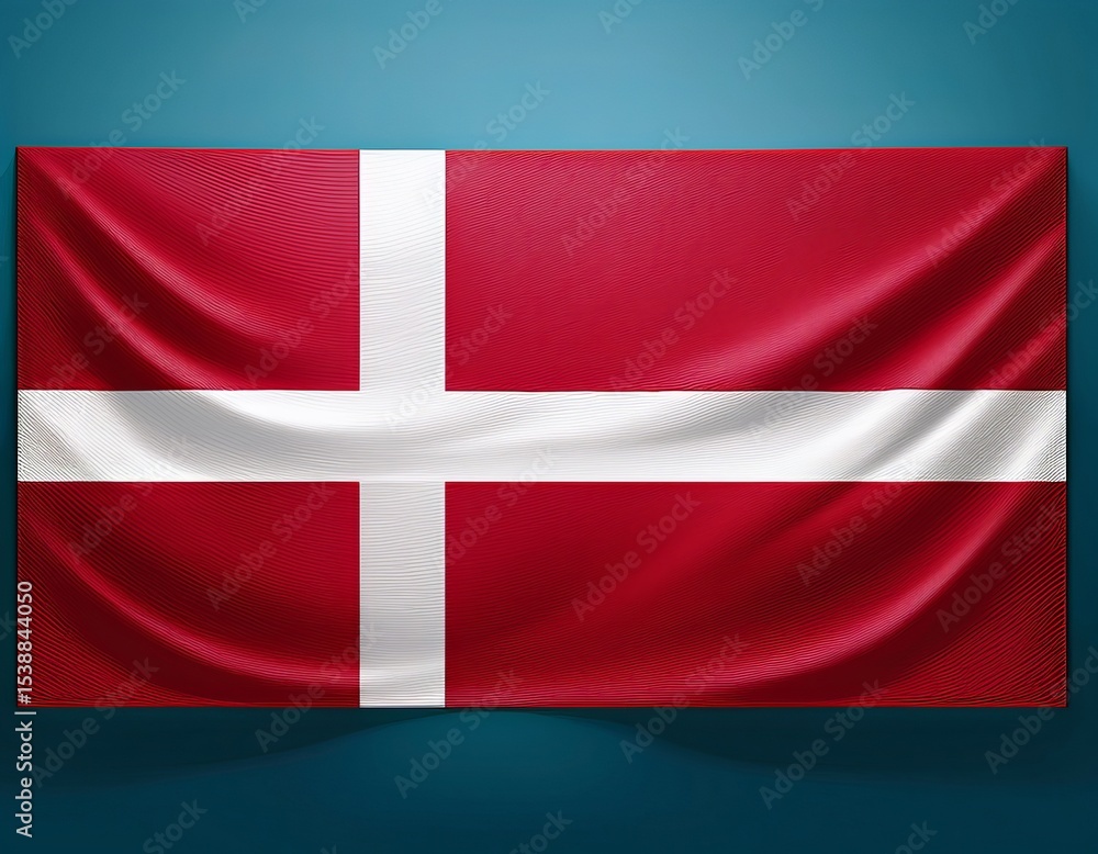 Fototapeta premium Denmark Flag Waving - Vibrant Red and White Danish Flag, Detailed Silk Texture with Dramatic Lighting and Deep Blue Background.