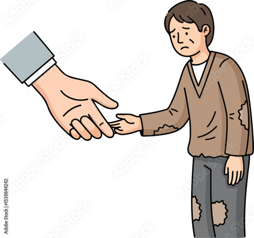  A vector illustration depicting a large, well-groomed hand reaching out to a sad-looking, disheveled man with torn clothes, symbolizing an act of charity or offering help to someone in need.